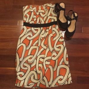 Orange/Cream Sheath Strapless Dress w/Black Trim
